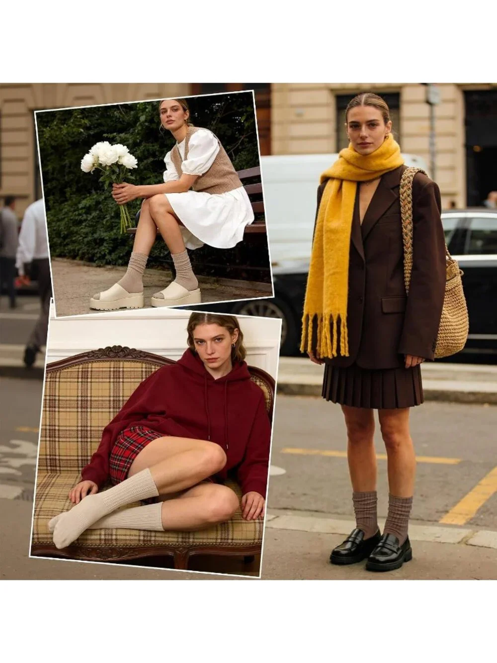 🧦Women's Brown White 5 Pair Slouchy Socks Slouch Cotton Crew Scrunch Socks